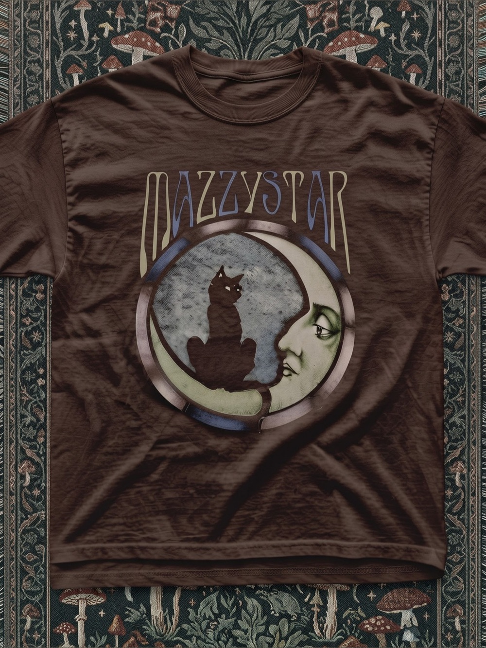 Gildan Brown Mazzy Star Cat with Celestial
Moon Cat style Graphic Tee